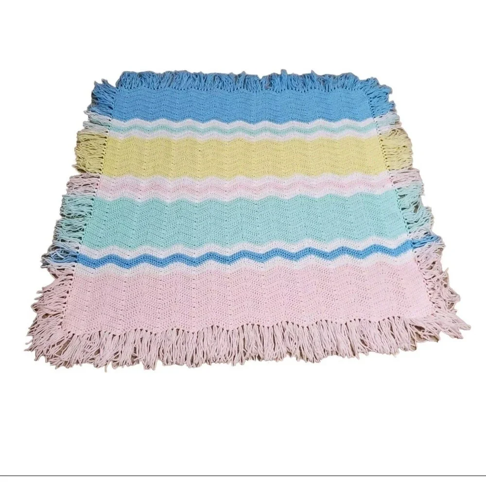 Handmade Crochet Chevron Ripple Baby Blanket Lap Afghan Multicolor With Fringe
